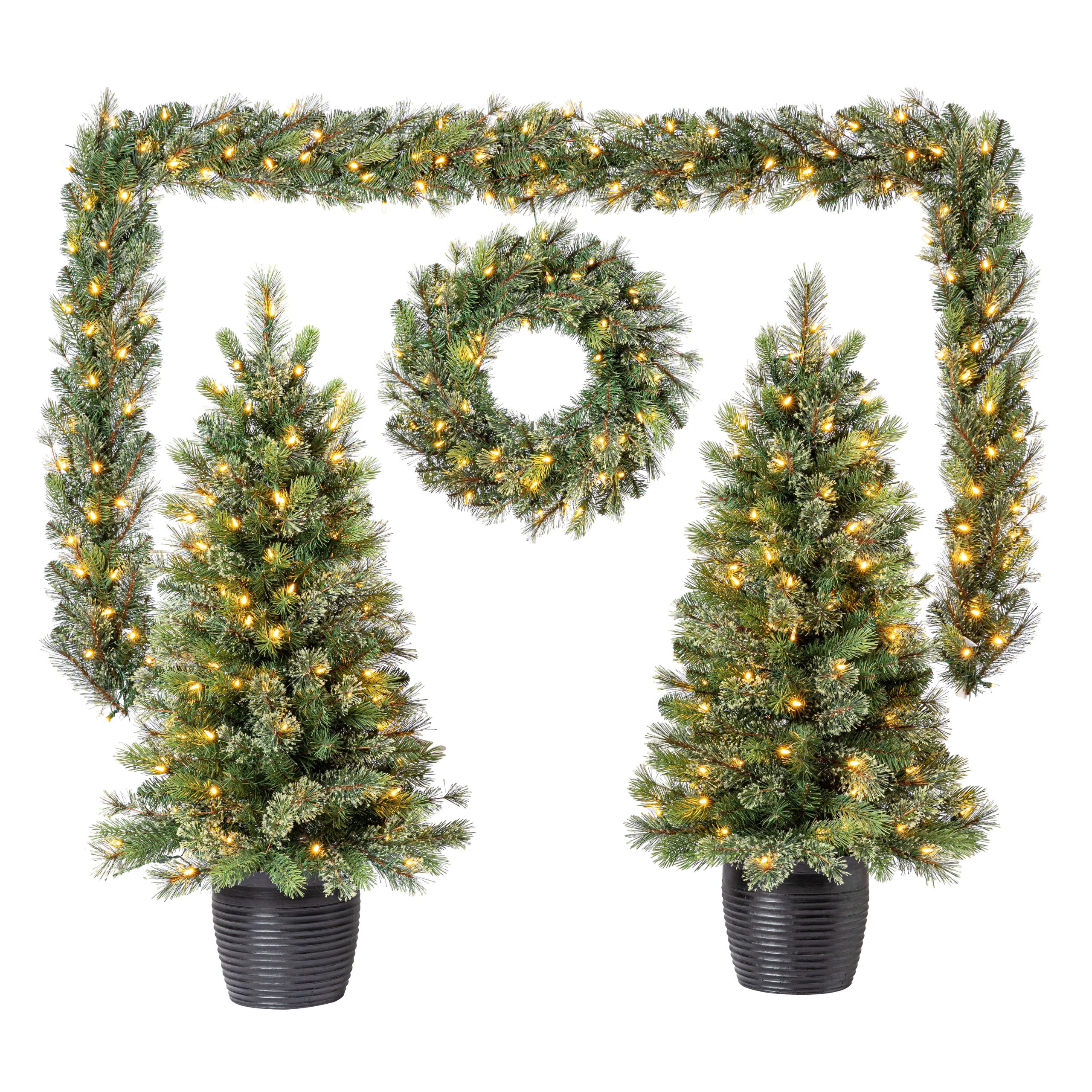 5pc. Pre-Lit Jackson Spruce Potted Artificial Christmas Trees, Garlands & Wreath Set, Warm White LED Lights by Ashland® - Image 2