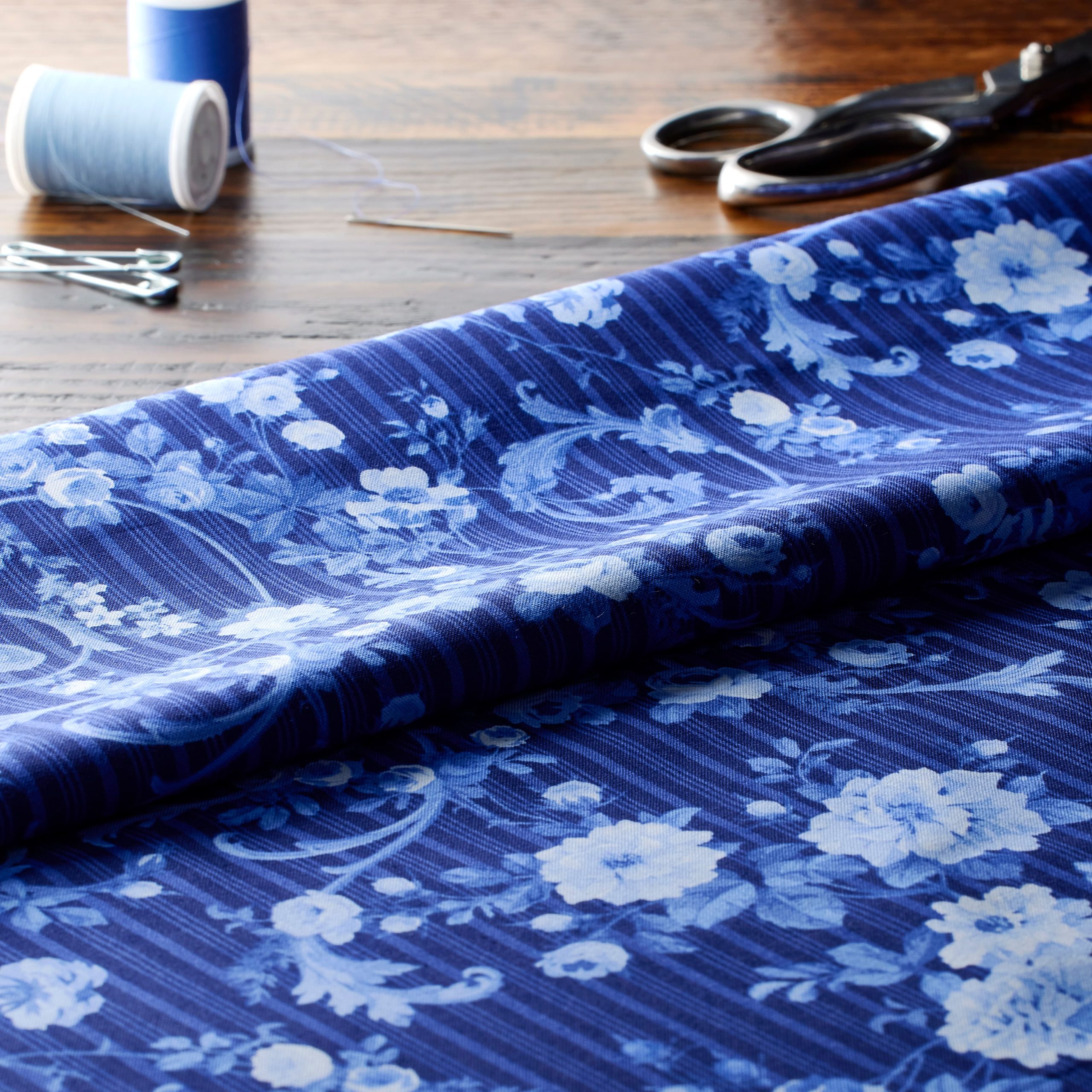 Northcott Blue Porcelain Rose Scroll Cotton Fabric - Image 2