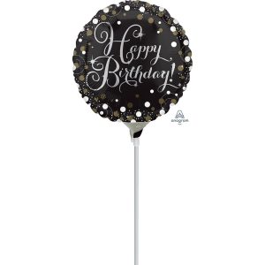 9"  Black Sparkling Birthday Stick Balloon